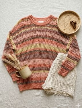 American Eagle Small Slouchy Crochet Knit Striped Crewneck Sweater Open Stitch